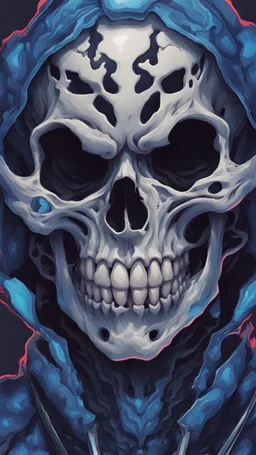 a close up of a person with a skull on their head, blue and black colors, anime skull portrait man, scary detailed art in color, hiroyuki-mitsume takahashi, nychos art aesthetic, half man half skeleton, anime cyberpunk art, colored manga art, rossdraws pastel vibrant, hot colors. insanely detailed, beautiful anime portrait, stunning anime face portrait, scary art in color