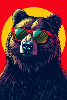 bear in sunglases, green red blue background