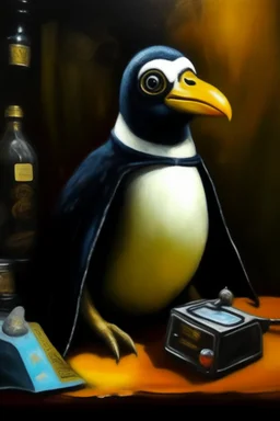 1970's dark fantasy cover dnd style oil painting frontal webcam picture of pengu the penguin, busniess and money bank. gold.