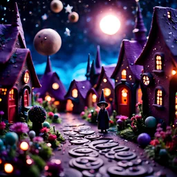 Detailed people, creepy street made of modeling clay, village, stars, galaxy and planets, sun, volumetric light flowers, naïve, Tim Burton, strong texture, extreme detail, Yves Tanguy, decal, rich moody colors, sparkles, Harry Potter, bokeh, odd