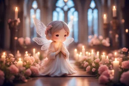 cute chibi fairy praying in a beautiful church, flowers, in candlelight, ethereal, cinematic postprocessing, dof, bokeh