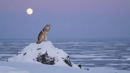 A solitary arctic wolf sits on a snow-covered rock formation by a frozen sea under the pale light of a winter moon.