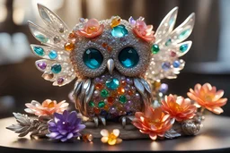 closeup, cute chibi sleeping owl fairy, Coloured glass flowers set with gemstones, glittering metal stems and gemstone leaves on a room table sharp focus elegant extremely detailed intricate very attractive beautiful dynamic lighting fantastic view crisp quality exquisite detail in the sunshine gems and jewels