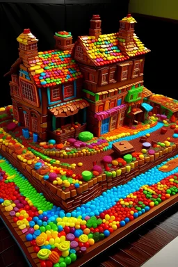 una casa de confites de colores y chocolates en un rio de chocolate y parques de caramelos y dulces