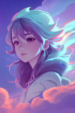 Midjourney style of detailed and intricate background theme | character art, anime, cartoon style, 2d, morning vibe with cloud | aurora lighting | nebula and stars | stunning environment, galaxy, purple and blue mood