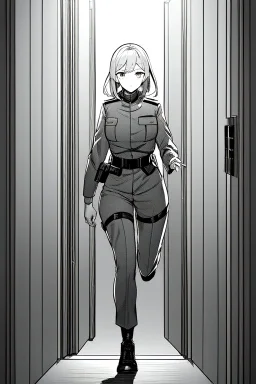 military girl runs fast in a corridor, greyscale