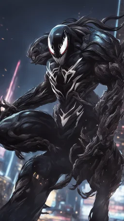 Venom with no eyes mix with machine in solo leveling shadow artstyle, cyberpunk them, intricate details, highly detailed, high details, detailed portrait, masterpiece,ultra detailed,best quality