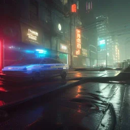 Cyberpunk,police car in night city on the rain unreal engine 5, octane render,cinema4d, dynamic lighting, 8k, redshift render, highly, hyperrealism ultra realistic, hyper realistic.