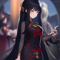 Clear focus, High resolution, cute, cartoon, black long fluffy hair, chopped bangs, wearing a chinese dress, beatiful masterpiece