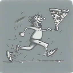 stick man running after a slice of pizza, caricature, drawing