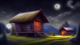 moonlit wooden hut down a beautiful valley, nighttime, starry sky, realistic painting, dark tones, on canvas