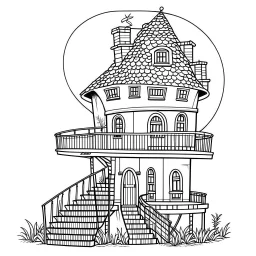 A fairy house with a spiral staircase and a balcony, exact shape, real image, minimal lines, white back ground color, real style, realistic, minimalistic, minimal black line art, line art, crisp line art, unique coloring sheet, outlined, outline, crisp, crisp line edges, illustration, thin lines, crisp clear lines, line art, clean line art, unique, 8k, no colors, no dark color, no black color, avoid thick black, minimalistic line edges, pure white back ground,