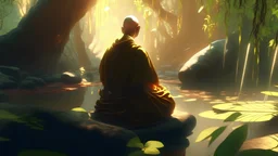 Buddha monk king.As he observes the play of sunlight filtering through the leaves or the rhythmic flow of a nearby stream, the king taps into a deeper level of awareness.4k