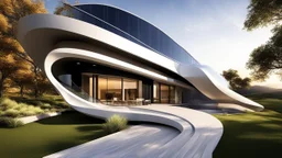 1144. Surprise me! Wow! Attractive innovative modern environmentally-friendly home, solar panels, wind turbine, hydroelectric, insulation, curved shape, home of the future, automated, spectacular, futuristic, artistic, attractive, beautiful lighting, attractive composition, photorealistic, extremely detailed, chiaroscuro