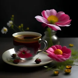 cosmos (flower) and hot tea and gift