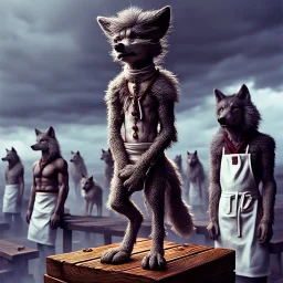 stands on top a wooden box a thin, young sad anthropomorphic wolf in full body hair with autentic wood-bone necklace hanging in his neck and in white belt , front him two older anthropomorphic wolves white Chef's Bib Snap Apron look at him, stormy sky, in blur background more different anthropomorphic wolves stand in body hair and looking them , realistic, detailed, cinematic, sci-fi, digital art, fantasy mood