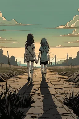 yakın 2 kız arkadaş 2D uzak uzaktan görünüm poz veriyorlar the walking death tarzı kameraya dönük yüzleri değişsin kameraya dönük