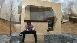 A person inside a glass cubic shape in an surreal environment