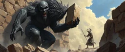 epic fantasy illustration, black giant nephilim enoch throwing stone sculpture into wall