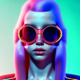 redhead woman teenager, freckles, big minimal sunglasses, padded coat, retro futuristic, latex dress, gradient color, BLUE, PINK, CYAN, neon, insanely detailed, 16k resolution, perfect eyes, cinematic smooth, intricate detail