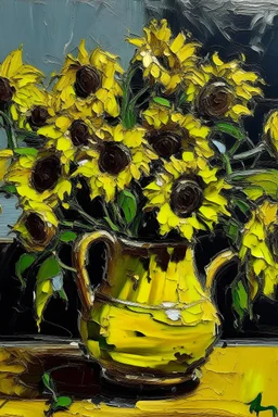 A jug of golden Sunflowers in the style of frank Auerbach