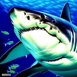 ultra detailed fullbody portrait of great white shark , extremely detailed digital painting, intrincate, extremely detailed face,crystal clear Big eyes, in the style of Simon Bisley, mystical colors , perfectly centered image, perfect composition, rim light, beautiful lighting, 8k, stunning scene, raytracing