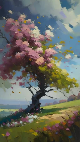 impressionism-style oil painting of beautiful flowers falling from a big tree with a view in the background