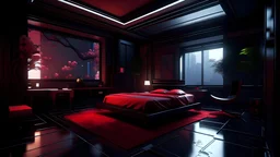 Cyberpunk luxury huge bedroom, very huge bed, swimming pool around bed, Detailed. Rendered in Unity. Japanese elements. Black and red lighting. Holograms. add a sakura tree into the room. Add a japanese katana in the wall and a gaming pc, samurai armor, cyberpunk night city, huge window, red curtain