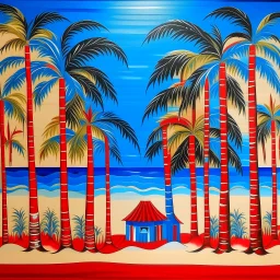 A red and blue beach with palm trees designed in Matryoshka dolls painted by Frank Lloyd Wright