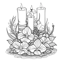 outline art for visually rich appealing tall ikebana heart orchids plumeria spa rounded stones around candles, coloring page for kids, white background, fit to page, only use outline, clean line art, no shadows, clear and well outlined