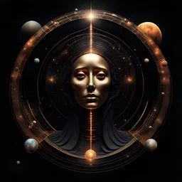 deep rich colors, magic lighting, black and bronze, Abstract minimalism amazing funny strange sci-fi technical geometric surreal fashion Da Vinci portrait, planets, hologram portal to other dimension, minimalist black background, surreal lonely fantasy, deep soul spirit, fantasy surreal alien geometry, flat, vector, clipart, eternity infinity utopia style raw, Paradigm Shift, double exposure tilt-shift portrait, album art, cover art, album cover,