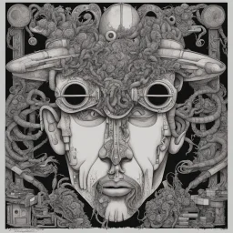 I need someone to show me The things in life that I can't find, Occupy my mind!, Album Cover for "Paranoid" by "Black Sabbath", asymmetric neo surrealism, by Derek Riggs, fine detail illustration, intricate fine details, weirdcore.