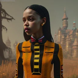 Full body, 3d render,kente scene, Jenna Ortega, Wednesday addams 1800's women style, 1800's hair style, 1800's women clothes style, hyper realistic, octane render, unreal engine 5, 8k, palace background, uhd