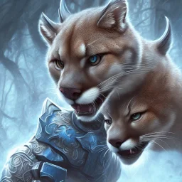 A painting of one angry cougar in full blue and white armor, Inka jungle background, highly detailed, digital painting, Artstation, concept art, matte, sharp focus, illustration, dramatic, Blizzard concept art