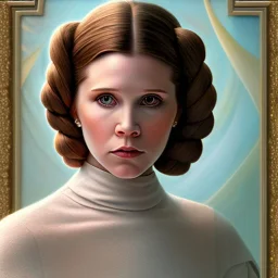 square framed complete and photo realistic detailed head to waist stunning photo realistic portrait of young carrie fisher as Princess Leia in star wars with photo realistic hairstyle by Mandy Jurgens and mucha and Richard Schmid and chuck close and chie yoshii, extraordinary and detailed ceremony dress of star wars,brown eyes