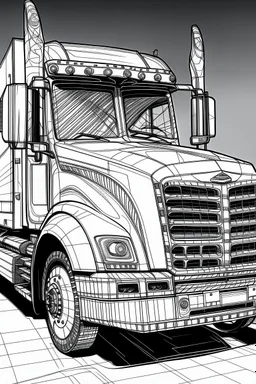 Outline art, no shading, full size truck, black and white, lno shading, ow detail, --ar 9:11