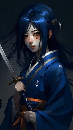 Fanatsy world,, dark blue hair girl in her late twenties, japanese, katana