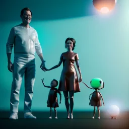 Ultra Realistic classic family portrait, living room. father. mother. daughter. alien pet. Little flying sphere drone. retro futuristic, minimal style, latex dress. smile, happy. highly detailed, concept art, unreal engine 5, ray tracing, RTX, lumen lighting, ultra detail, volumetric lighting, 3d, finely drawn, high definition, high resolution.