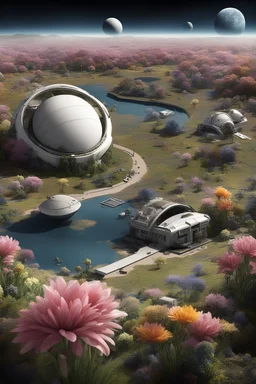 people landed on the exoplanet Kepler-442 B, life on it, flowers, river, houses on the exoplanet, people