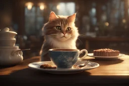 cute fluffy cat in a coffeehouse in sunshine steaming coffee in china cup, a slice of chocolate cake on a china plate Weight:1 detailed matte painting, deep color, fantastical, intricate detail, splash screen, complementary colors, fantasy concept art, 8k resolution trending on Artstation Unreal Engine 5 Weight:0.9