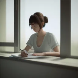 female student studying by the window, anime style, full body, unreal engine 5, cinema4d, sun light, studio lighting --ar 1:1 --v 4