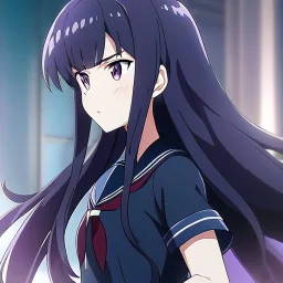 Clear focus, High resolution, long black fluffy hair, long locks, chopped bangs, purple eyes, wearing a sailor uniform, (solo), anime screencap