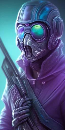 purple galaxy masked super villain, weapons in hands, teal and purple smoke, full portrait, hyper realistic, 4k