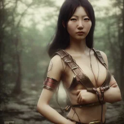 wonderfull japanese woman, big chest, portrait, viking costume, village, meditation, woods, cyberpunk, 8k quality