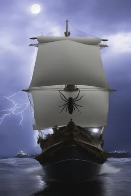 Ship front view with a Spider figurehead at night in a storm with giant waves