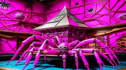 A purplish magenta mansion with spiders designed in Japanese origami painted by Karl Wiener