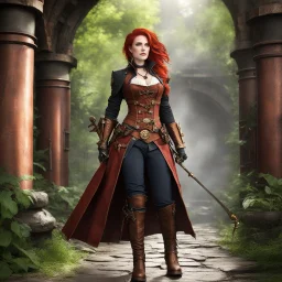 Meet her, a standing steampunk adventurer with an intricately designed brass-and-copper leather duster and fitted corset that enhances her agility and strength. With wild, copper-red hair, she navigates lush and forgotten ruins with her versatile gear, including her boots, a grappling hook and a clockwork compass that always points to adventure. [Shattered Image, Shot the texture, rewind the film for double exposition from multiple Hugo Pratt's Corto Maltese adventures]