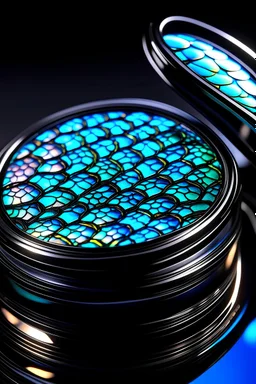 Alien holographic scales that shift in mesmerizing patterns, reflecting the ethereal glow of ghost. chains and iridescent accessories. eyes shimmer with an otherworldly luminescence, expressing a deep connection to both holographic