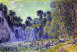 Big epic waterfall, rocks, trees, alfred sisley impressionism painting