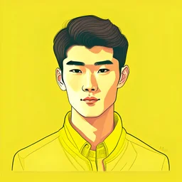 2d Illustration of a 23 year old handsome Chinese man, front view, flat single color yellow background
